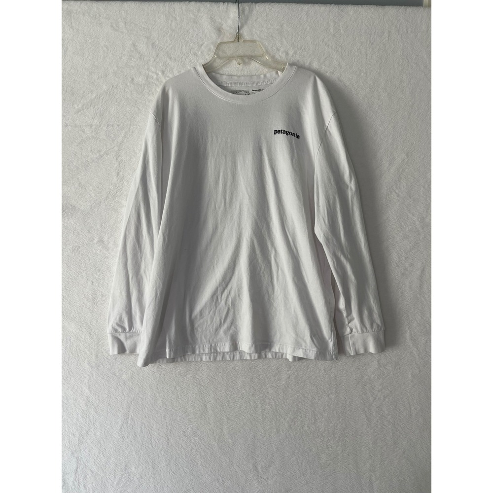 Patagonia Mens Lg White Responsibili-Tee Long Sleeve P-6 Logo Graphic T-Shirt